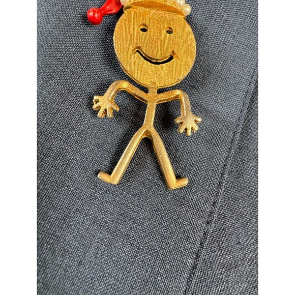 Gold-Toned Stick Figure Brooch With Enamel Santa Hat & Faux Pearl Trim - Picture 12 of 16